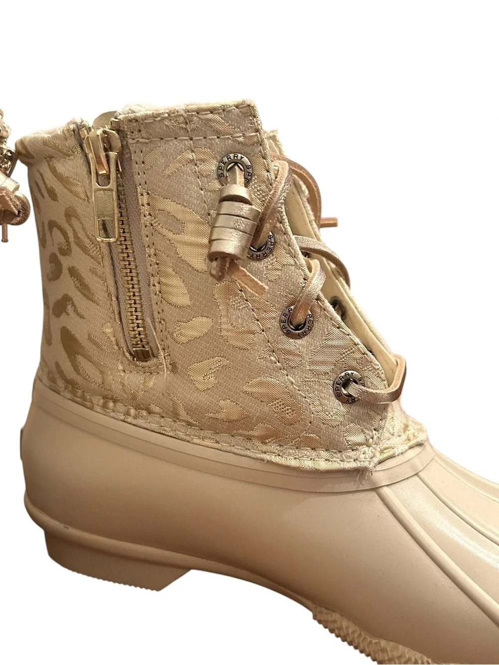 Sperry Saltwater Duck Boots Leopard Metallic Cream Gold Womens Size 6 NWOT